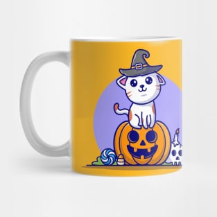 Cute Witch Cat Sitting Pumpkin Halloween Cartoon Vector Icon Illustration Mug